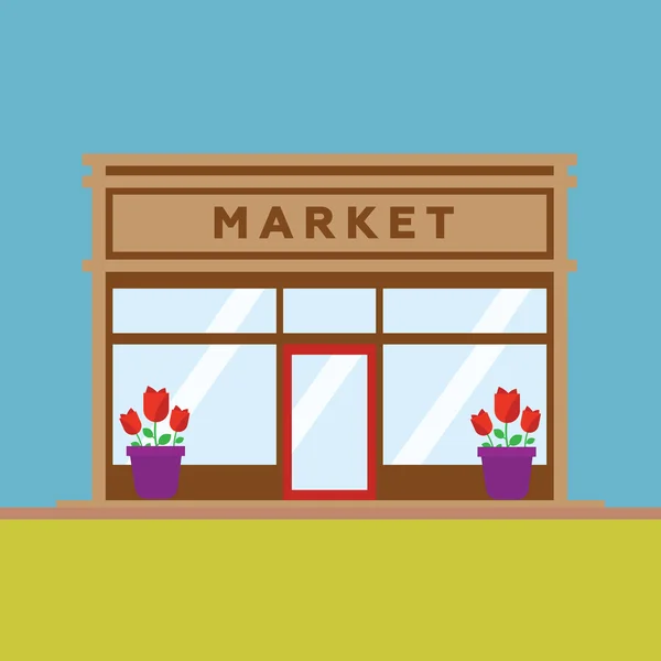 Mercado frente edificio de la tienda de estilo plano — Vector de stock