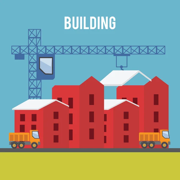 Construcción de casas con grúa de construcción — Vector de stock