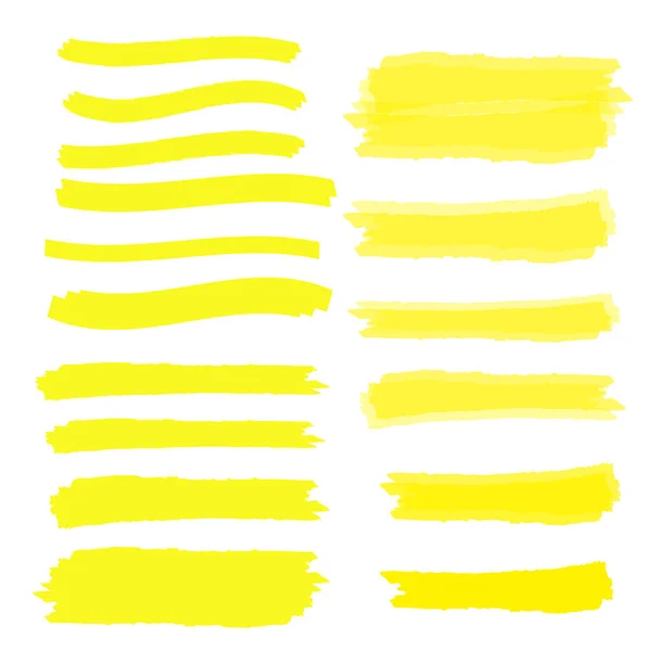 Vektör sarı fosforlu kalem çizgileri. Fırça kalem altı. Sarı suluboya el çizilmiş vurgulama