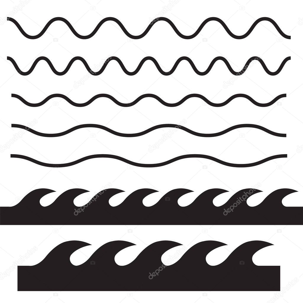 Set of wavy horizontal thin and thick lines. Waves outline icon. Wave thin line symbol