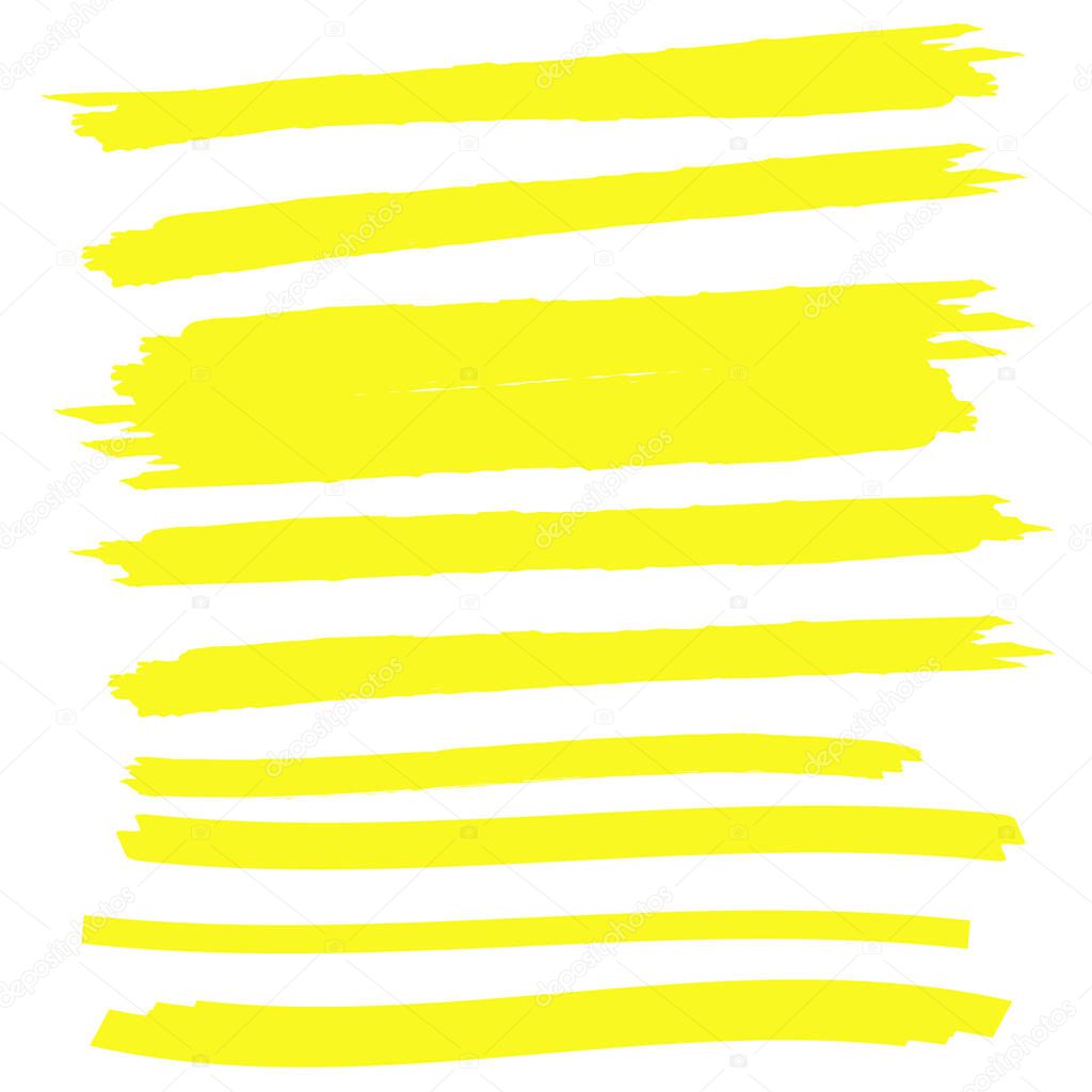Yellow vector highlighter elements set. Yellow marker text selection