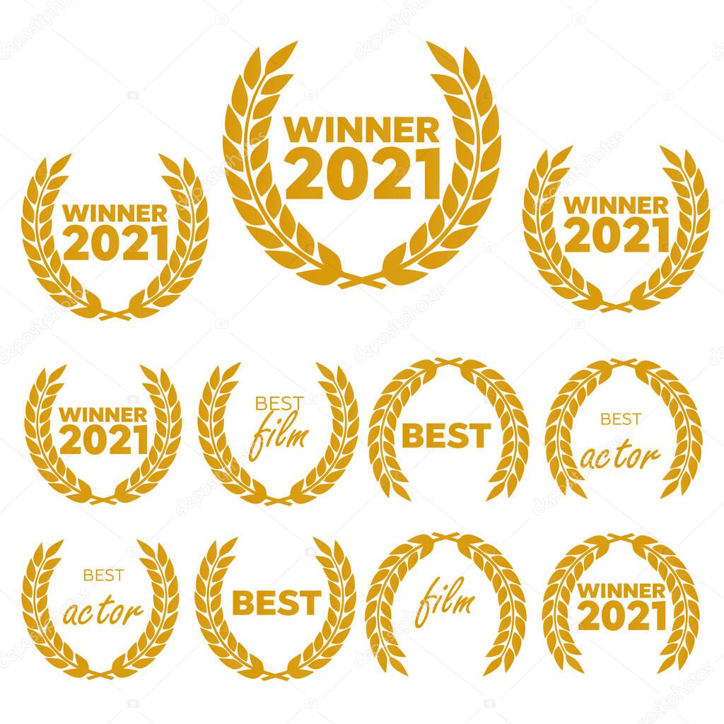 Vector medal and award icons set. Laurel wreaths and ribbon rosettes vector