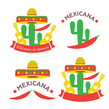 Parlak grunge Mexico logosu veya baskı vektörü renkli sombrero ve kaktüs antika baskı. Kaktüs tasviri