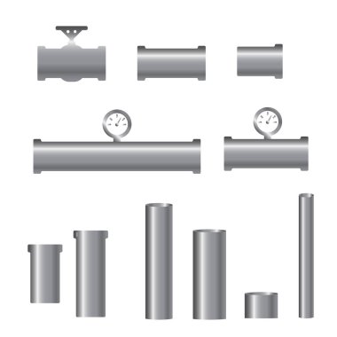 Boru montajı vektör simgeleri ayarlandı. Metro endüstrisi, inşaat boru hattı, drenaj sistemi