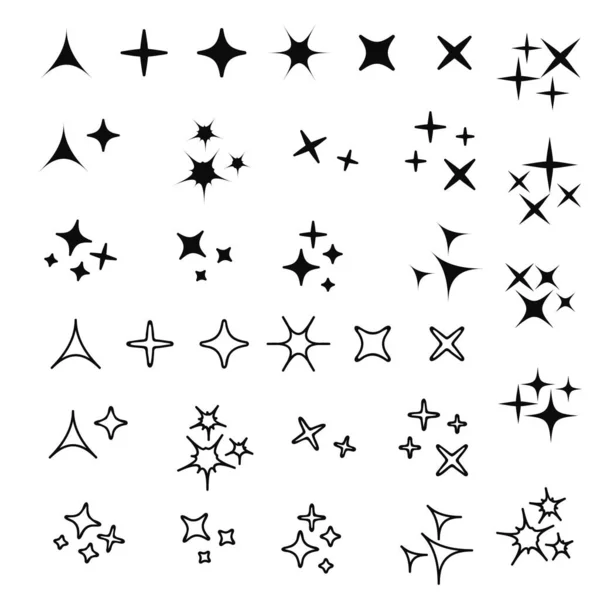 Brilla Negro Estrellas Efecto Luz Brillante Estallidos Conjunto Vectores Fuegos — Vector de stock