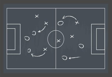 Futbol ya da futbol stratejisi planı tebeşirle ovalanmış tebeşir dokusunda izole edilmiştir. Spor bilgi grafikleri ögesi