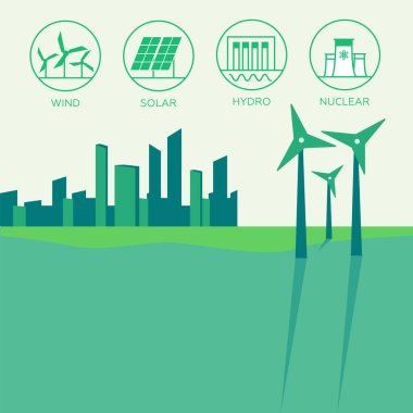 Yenilenebilir enerji vektör çizimi. Düz biçimli yenilenebilir enerji kavramı.