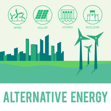 Yenilenebilir enerji vektör çizimi. Düz biçimli yenilenebilir enerji kavramı.