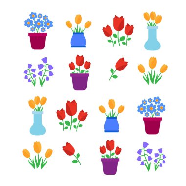 Bahar çiçekleri. Eğlenceli ve sevimli vektör bahar çiçekleri simgeleri