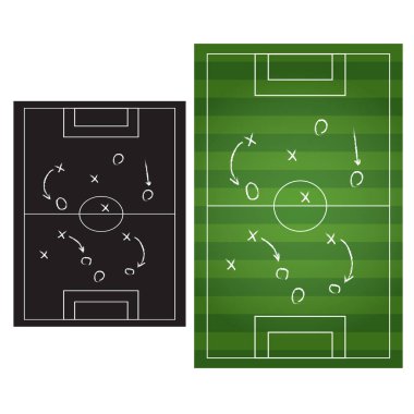 Futbol ya da futbol stratejisi planı tebeşirle ovalanmış tebeşir dokusunda izole edilmiştir. Spor bilgi grafikleri ögesi.