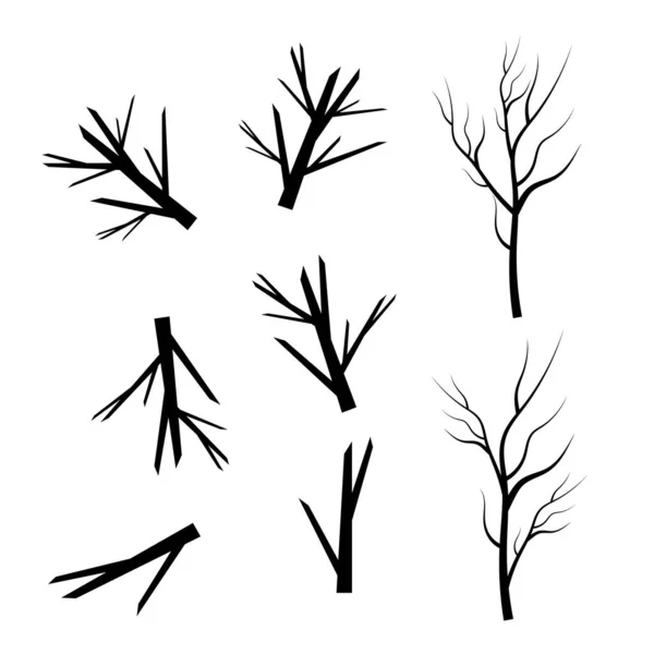 Silhouettes Branches Arbres Nus Feuilles Tourbillons Éléments Floraux — Image vectorielle