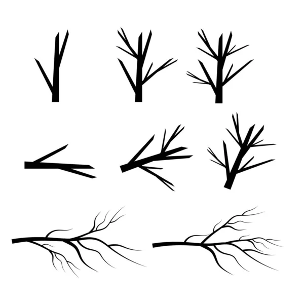 Silhouettes Branches Arbres Nus Feuilles Tourbillons Éléments Floraux — Image vectorielle