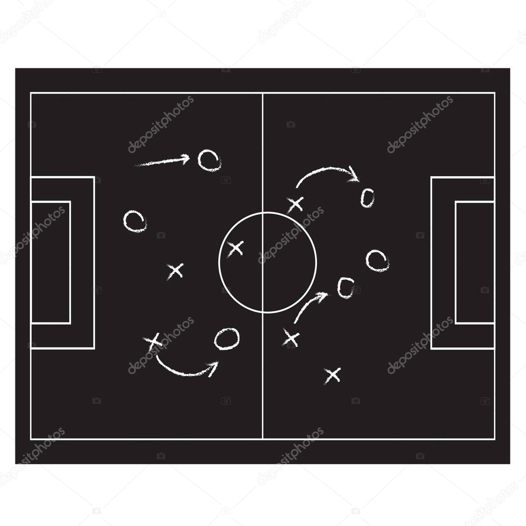 Football or soccer game strategy plan isolated on blackboard texture with chalk rubbed background. Sport infographics element.