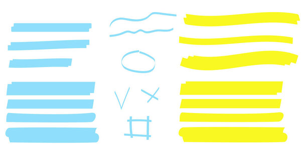Yellow vector highlighter elements set. Yellow marker text selection
