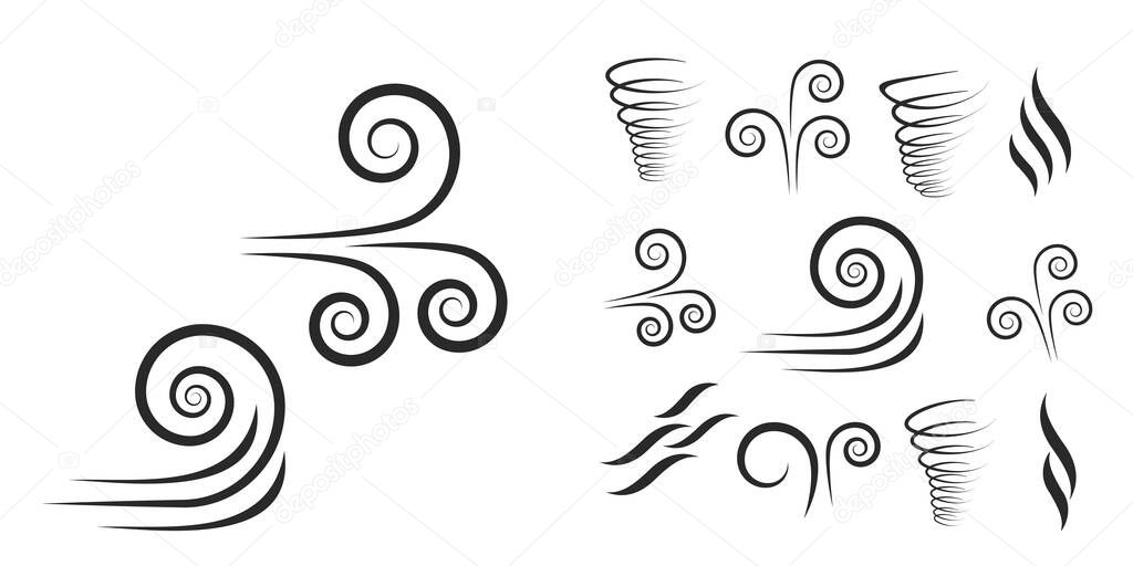 Wind blowing vector icon isolated on white background. Simple flat wind pictogram. Cold weather symbol black illustration. - Vector