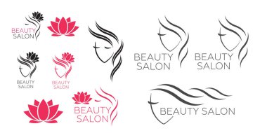 Kuaför salonu için güzel kadın vektör logosu şablonu, güzellik salonu, kozmetik prosedürler, spa merkezi. Kuaför salonu için vektör logo şablonu