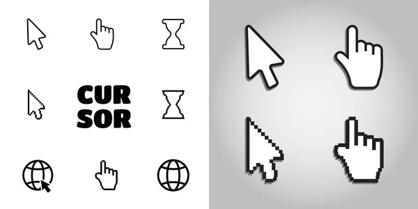 Pixel Cursores Iconos Flecha Mano Del Ratón Cursor Del Ratón — Vector de stock