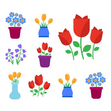 Bahar çiçekleri. Eğlenceli ve sevimli vektör bahar çiçekleri simgeleri