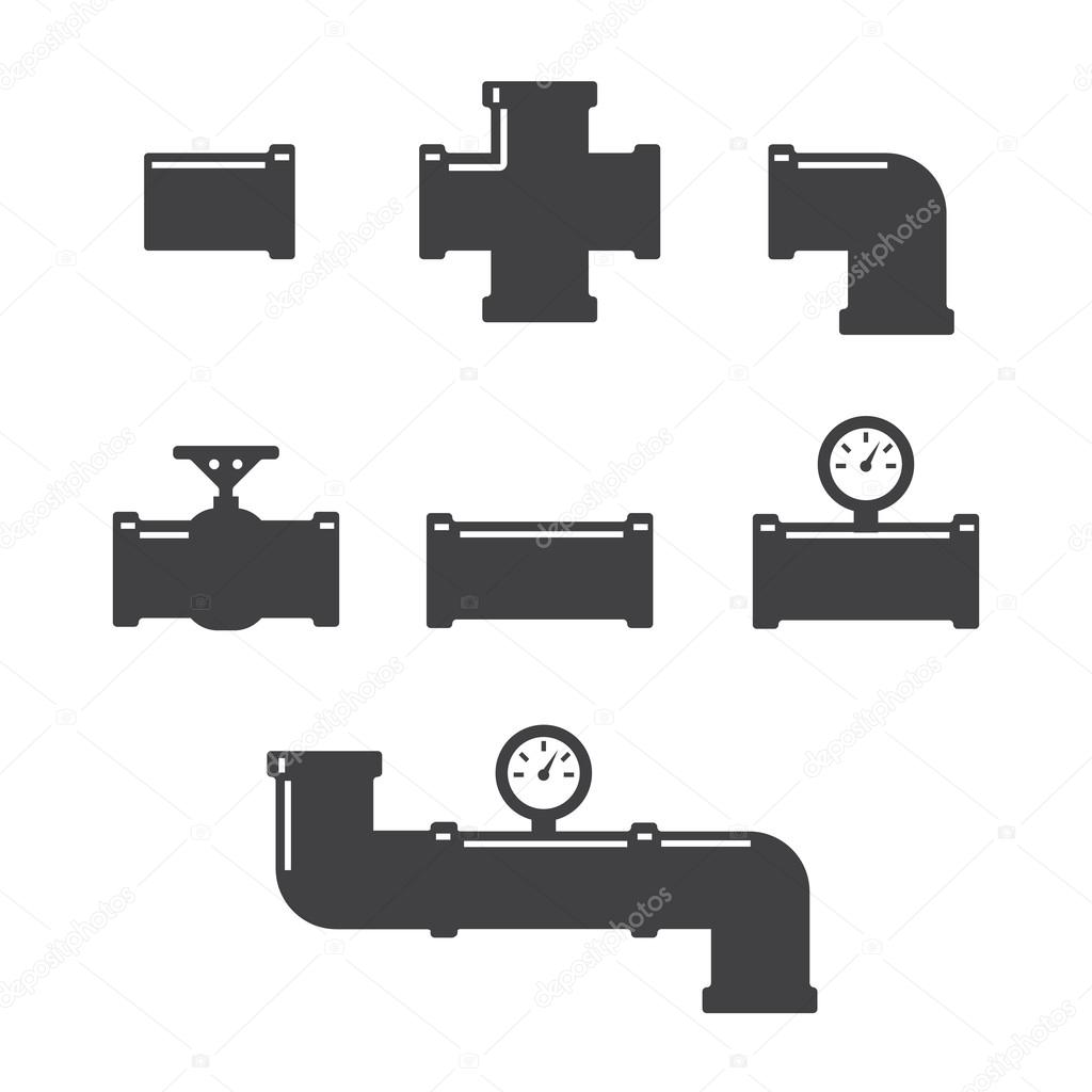 Pipe fittings vector icons set. Tube industry, construction pipeline, drain system, vector illustration