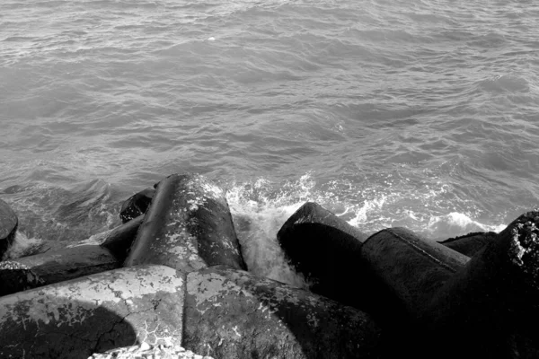 黑海地区的防波堤上有黑白相间的痣 海景和背景 — 图库照片