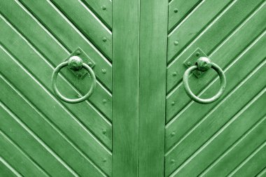 Old metal door hinge on wooden door in green tone. Abstract background and texture for design.                    