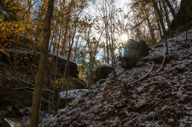 Hafif bir karın ardından sonbaharda Hemlock Cliffs, Indiana