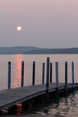 Michigan Elk Gölü 'ne ve çevresine bakıyor