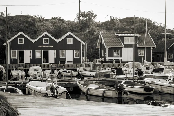 Une image monochrome des maisons de bateaux et des bateaux au bord de l'eau — Photo