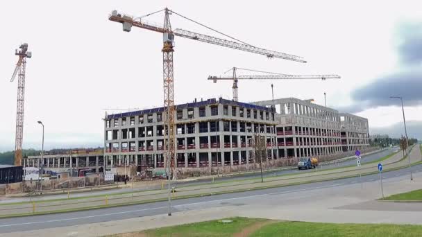 Bâtiment Construction Grue Travail Conduite Gros Camions Bétonnière — Video