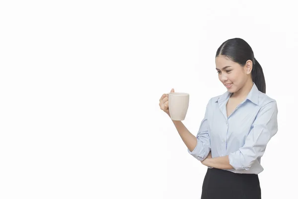 Business woman drinking coffee isolated on white background, asi — Stock Photo, Image