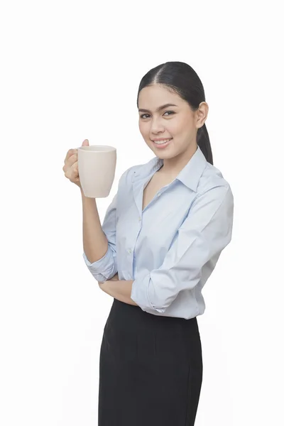 Business woman drinking coffee isolated on white background, asi — Stock Photo, Image