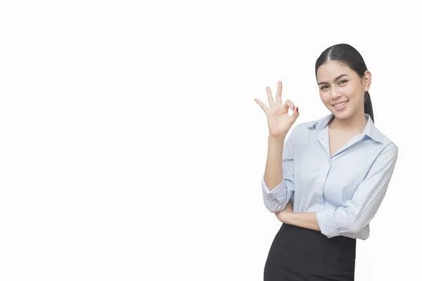 Business woman hand okej isolerad på vit bakgrund, asiatiska bea — Stockfoto