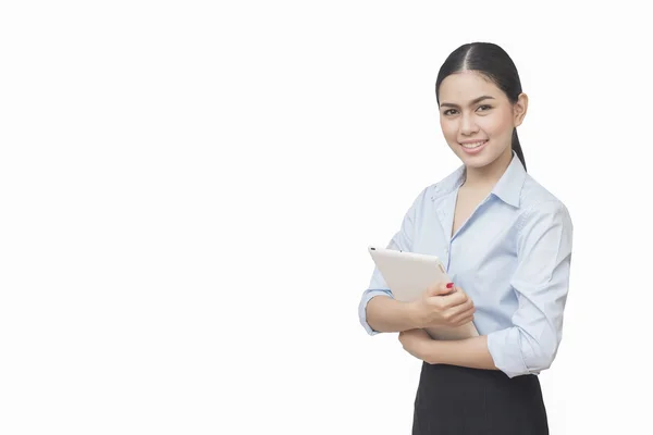 Zakenvrouw leun iets en digitale tablet pc geïsoleerd gebruikt — Stockfoto