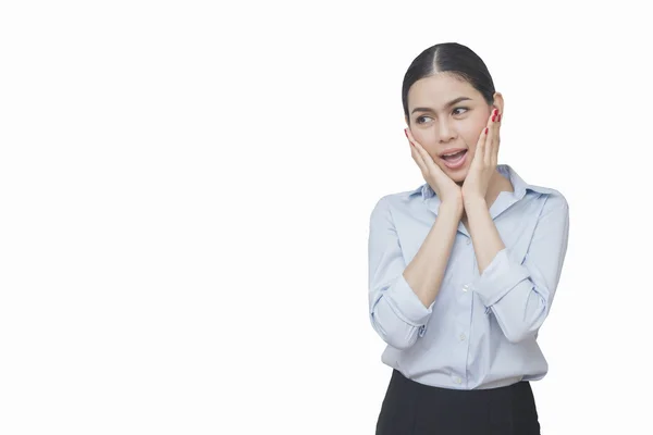 Mujer de negocios es sorprendente aislado sobre fondo blanco, asi — Foto de Stock