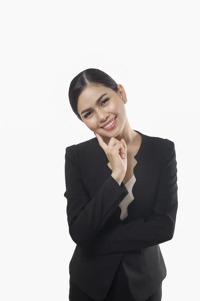 Biznes kobieta myślenia na białym tle na białym tle, Azjatyckie beau — Zdjęcie stockowe