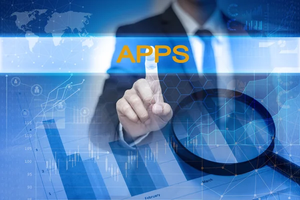 Empresario mano tocando el botón APPS en la pantalla virtual —  Fotos de Stock