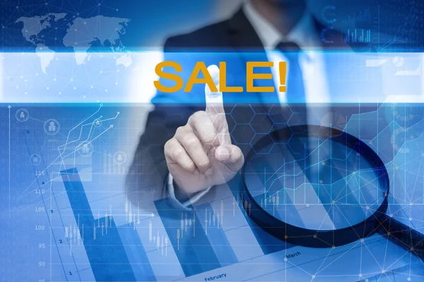 Businessman hand touching SALE! button on virtual screen — Stock Photo, Image