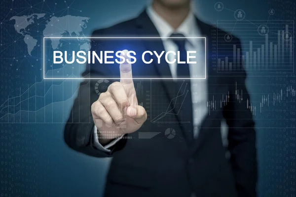 Businessman hand touching BUSINESS CYCLE  button on virtual scre — Stock Photo, Image