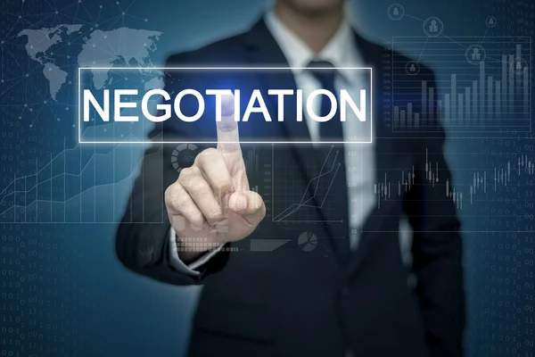 Businessman hand touching NEGOTIATION  button on virtual screen — Stock Photo, Image
