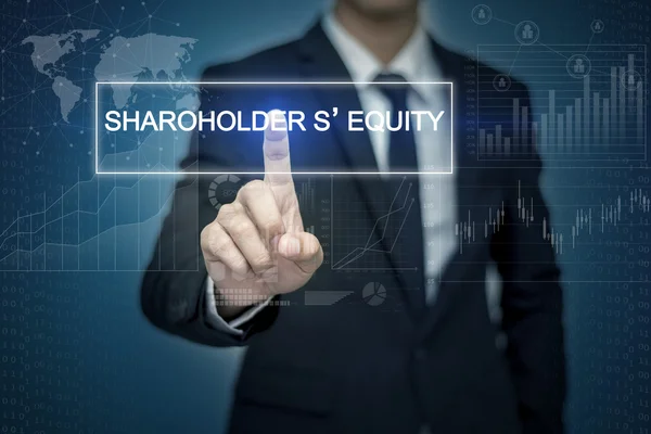 商人用手抚摸上虚拟 Sharoholder 股本按钮 — 图库照片