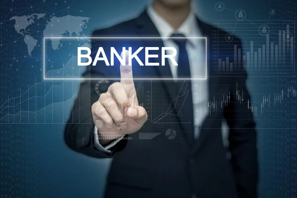 Podnikatel ruka se dotýká bankéř tlačítko na virtuální obrazovky — Stock fotografie