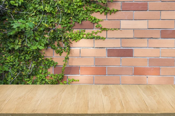 Sol en bois avec fond de mur de briques rouges et de plantes vertes — Photo