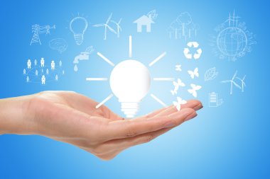 Elini tut ampul eco işaretiyle, dünya kavramı kaydetmek 