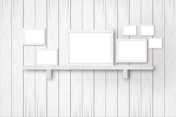 Bílé dřevěné pozadí s bílými rámy, dekorace interiéru, 3 — Stock fotografie