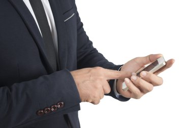 işadamı el smartphone üzerinde beyaz izole dokunmadan kapatın 