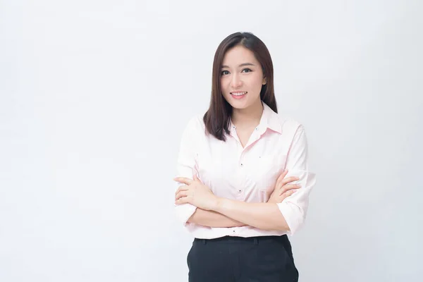 Retrato Empresária Confiante Vestindo Camisa Rosa Isolado Sobre Estúdio Fundo — Fotografia de Stock