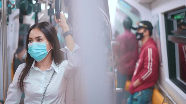 Young Business Woman Wearing Face Mask Public Transportation Safety Travel — Stock Fotó