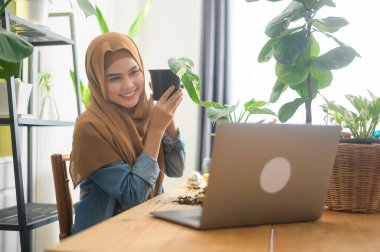 Dizüstü bilgisayarla çalışan genç bir Müslüman kadın girişimci, online konsept satarak evdeki canlı yayın sırasında ev bitkilerini sunuyor