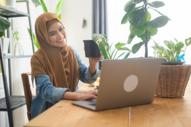 Dizüstü bilgisayarla çalışan genç bir Müslüman kadın girişimci, online konsept satarak evdeki canlı yayın sırasında ev bitkilerini sunuyor