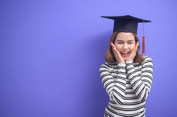 Portrait Young Woman Graduated Blue Background — Stock Photo, Image